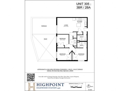 Floor plan for 3 beds, 2 baths, 1160 sqft